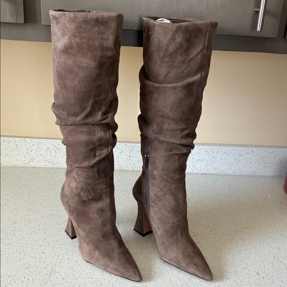 Vince Camuto Shoes - Vince Camuto Taupe Slouchy Pointed-Toe Suede Heeled Boots